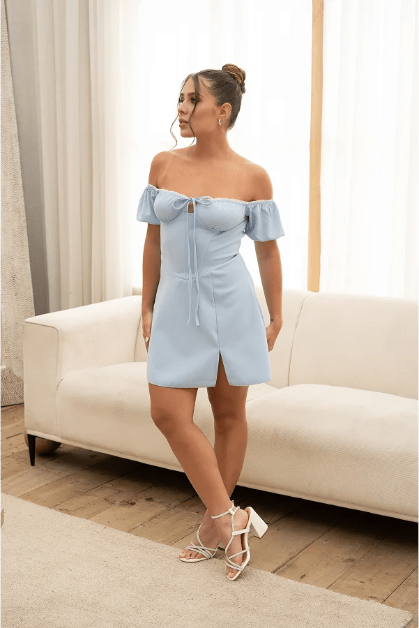 Alima Mini Dress - Blue Off-Shoulder Corset Puff Sleeve | Livira Fashion Alima Mini Dress - Blue Off-Shoulder Corset Puff Sleeve | Livira Fashion