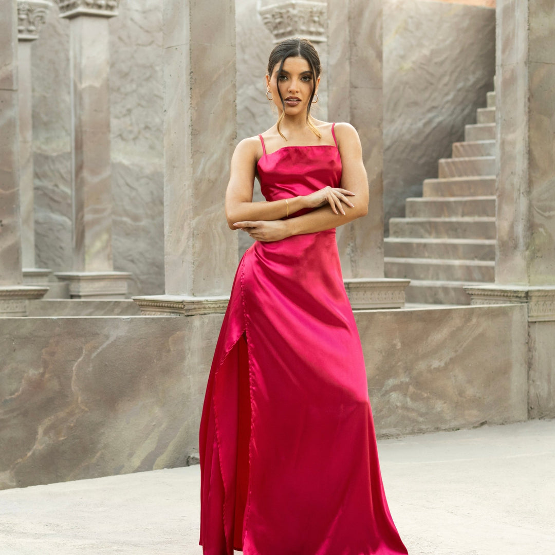 Bella Maxi Dress - Burgundy Satin Ruched Thigh Slit Bella Maxi Dress - Burgundy Satin Ruched Thigh Slit