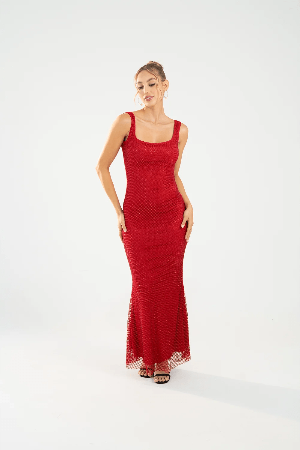 huda red dress For Love & Lemons satin open back Maxi dress with rosette detail in red
