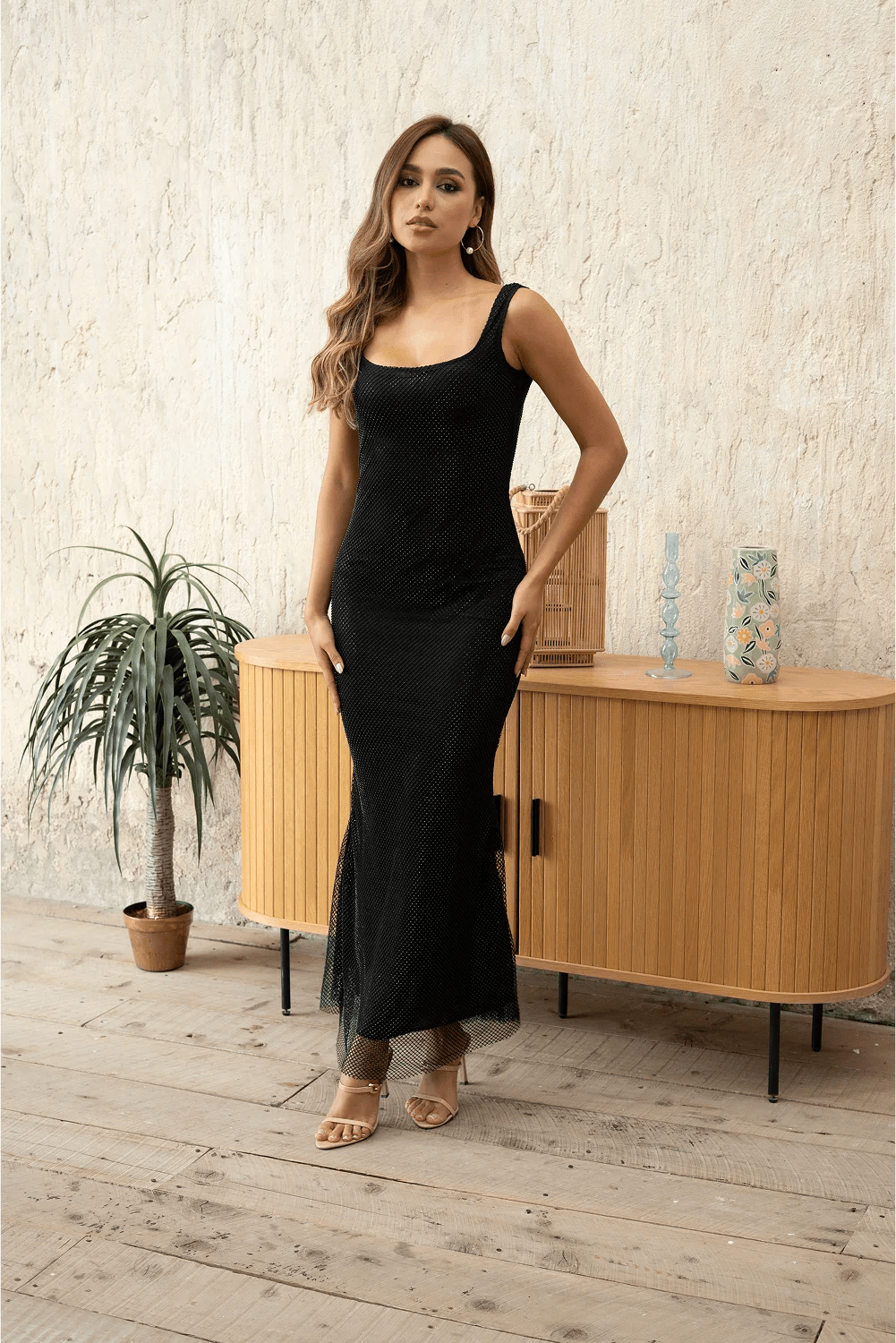 Huda Maxi Dress - Sparkling Sequin Square Neck Sleeveless | Livira Fashion Black / L Huda Maxi Dress - Sparkling Sequin Square Neck Sleeveless | Livira Fashion Black / L