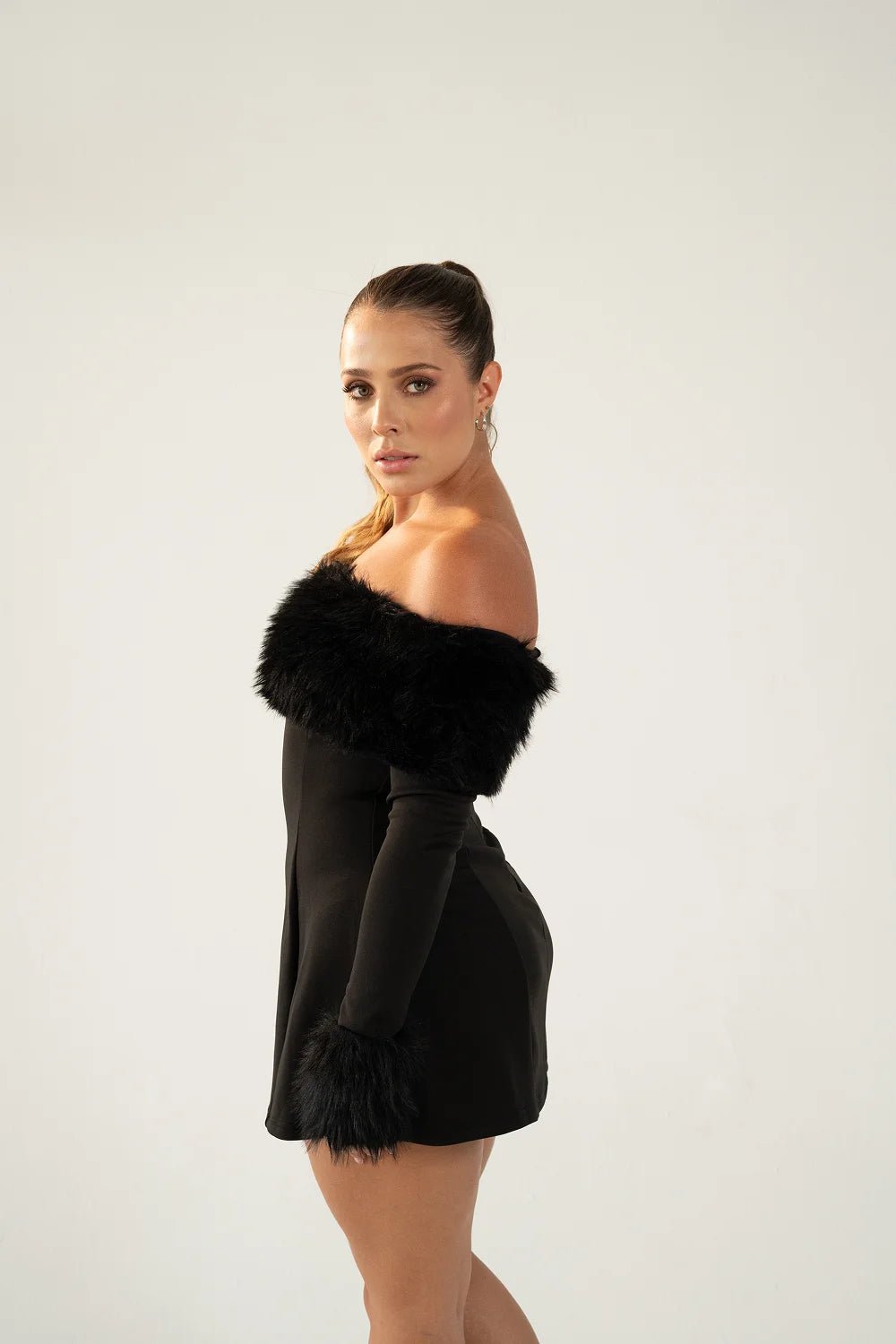 India Mini Dress - Black Off-Shoulder Soft Fur Trim | Livira Fashion India Mini Dress - Black Off-Shoulder Soft Fur Trim | Livira Fashion