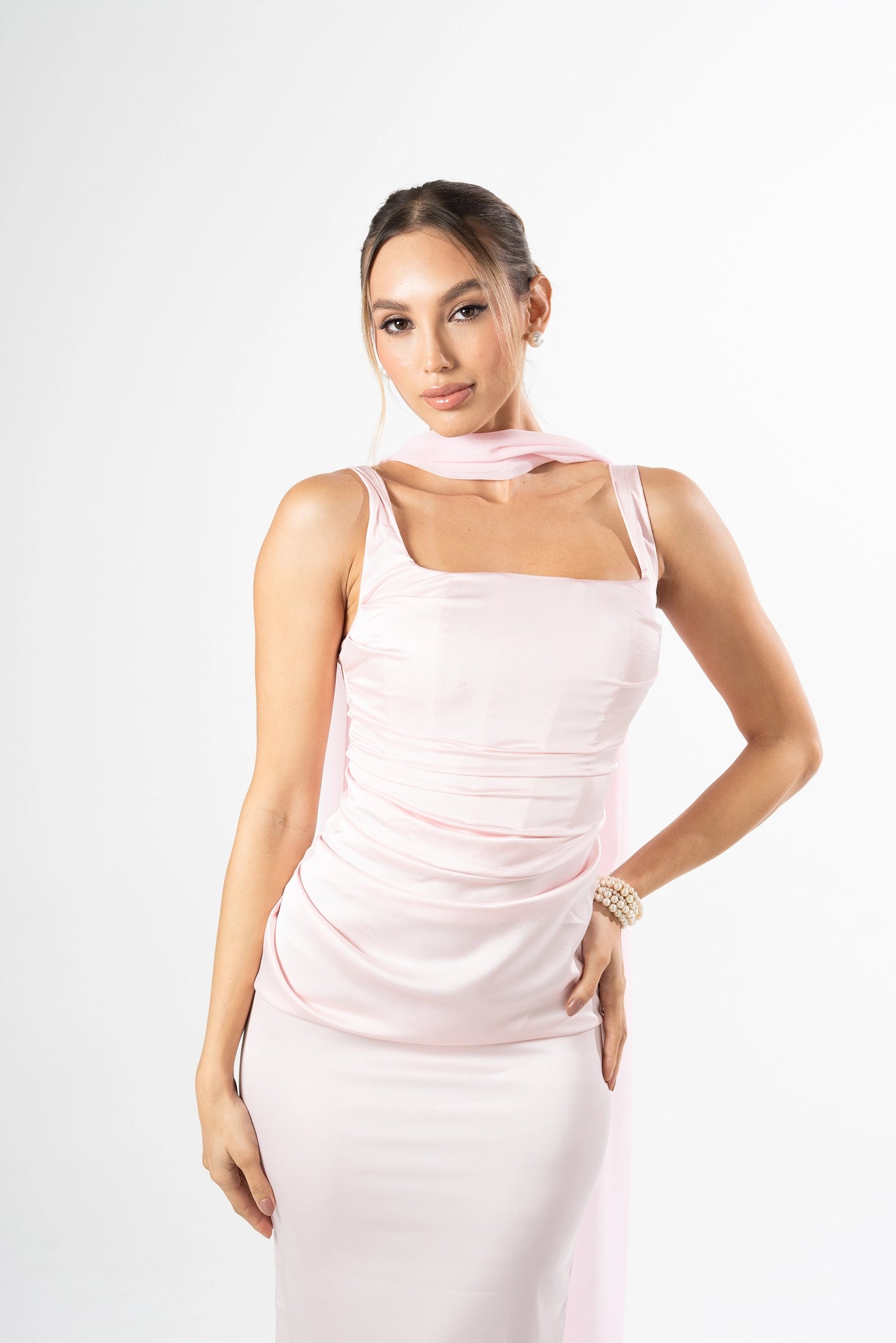 Julissa Maxi Dress - Petal Pink Satin Ruched Scarf Detail