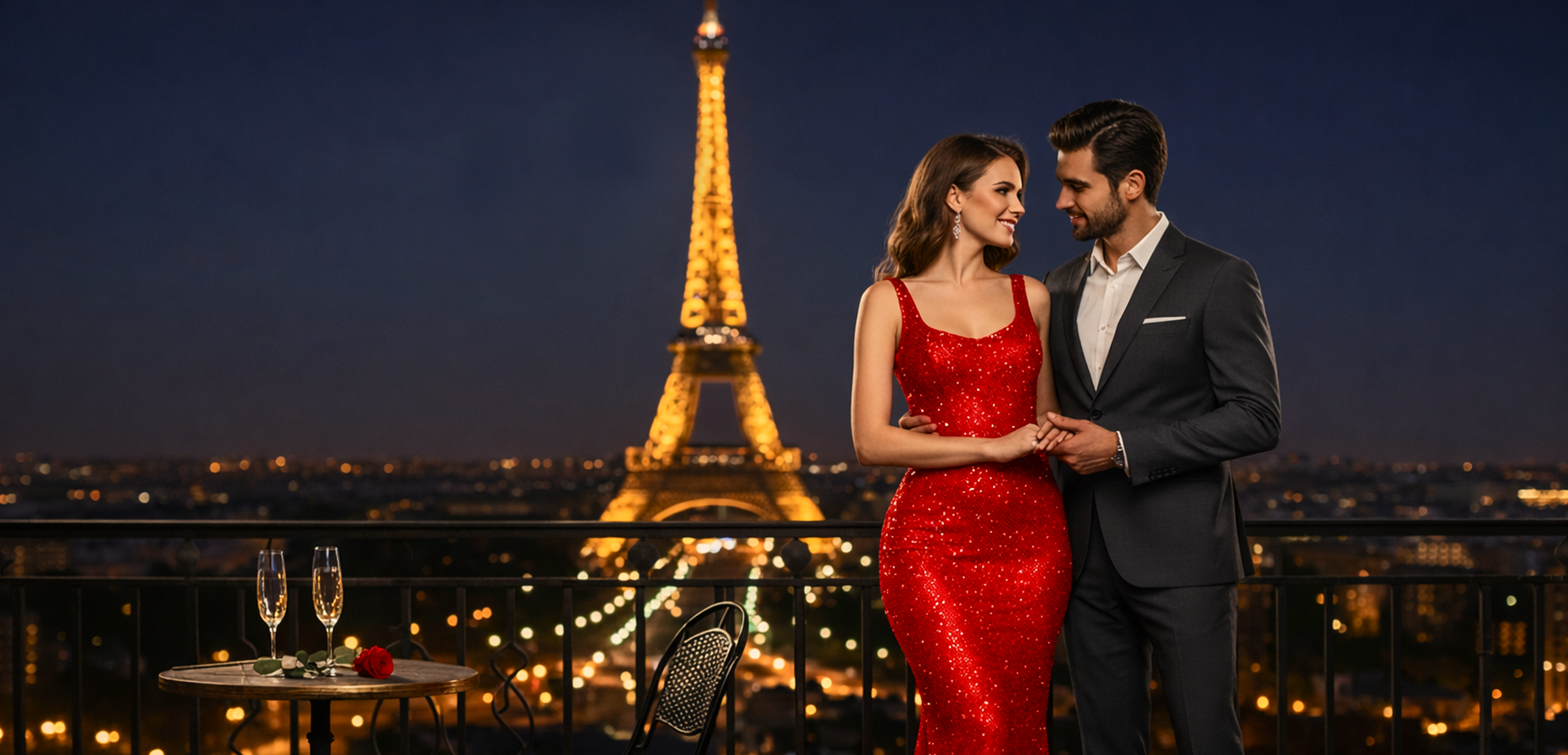 A couple in formal attire standing in front of the Eiffel Tower at night.