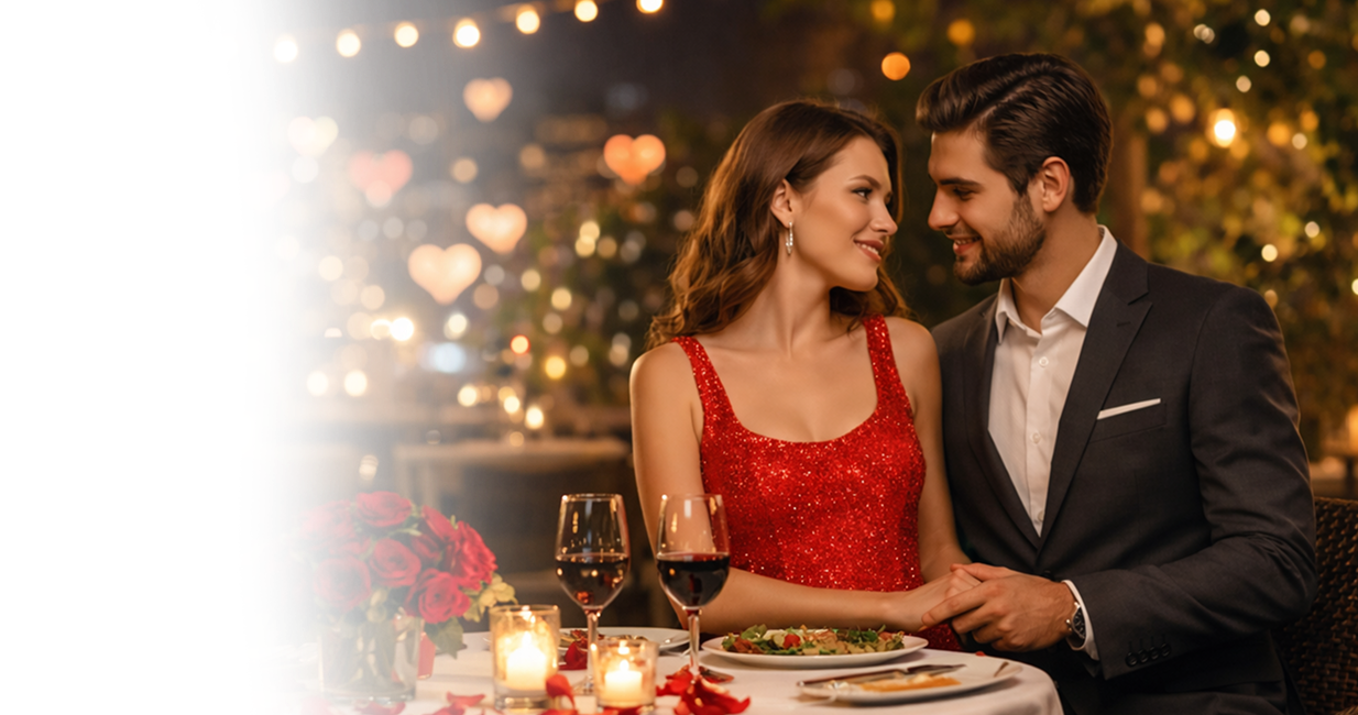 Couple on a romantic dinner date with a festive background